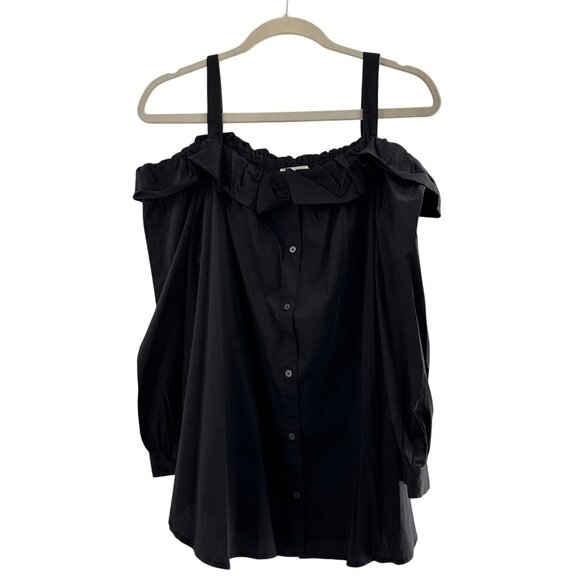Ann Taylor LOFT Black Off-The-Shoulder Button Front Blouse XXL Milk Maid Peasant - Picture 2 of 11